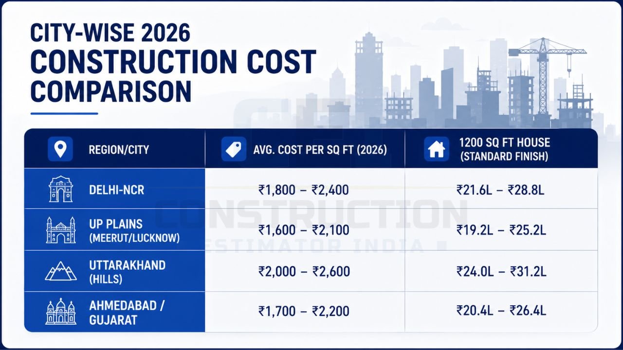 Infographic comparing 2026 house construction costs per square foot and estimated 1200 sq ft home costs across Delhi-NCR, UP Plains, Uttarakhand Hills, and Ahmedabad.