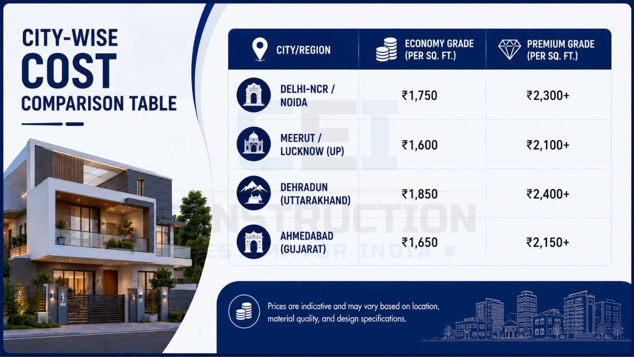 Infographic comparing economy and premium house construction costs per square foot across Delhi-NCR, Meerut, Lucknow, Dehradun, and Ahmedabad in India.