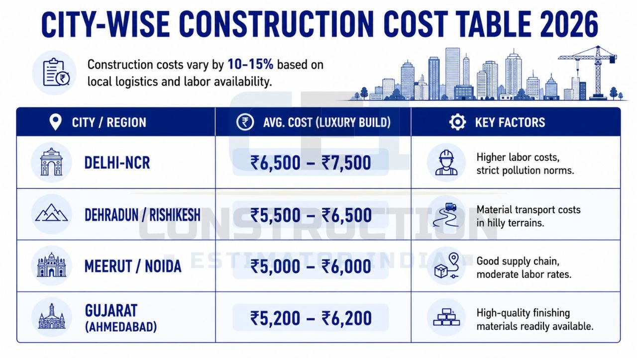Construction cost comparison table for Delhi-NCR, Dehradun, Rishikesh, Meerut, Noida, and Ahmedabad showing luxury construction rates and cost factors.