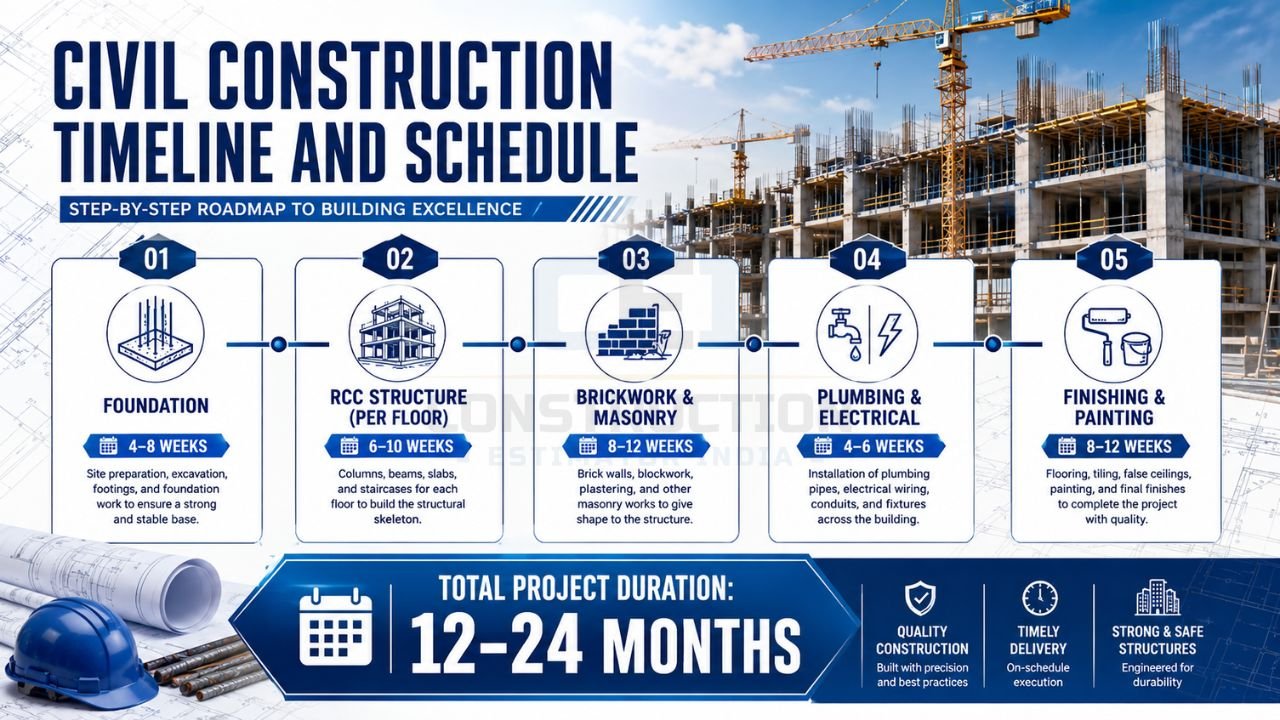 Civil construction timeline showing foundation work, RCC structure, brickwork, plumbing, electrical installation, finishing, and painting schedule for building construction