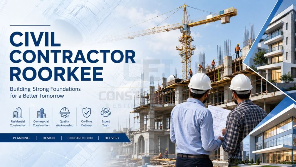Civil contractor in Roorkee supervising residential and commercial construction project with engineers, workers, and high-rise building structure
