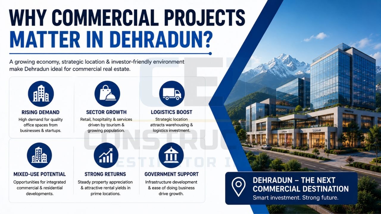 Commercial real estate opportunities in Dehradun highlighting growing demand, sector expansion, logistics advantages, investment returns, mixed-use development, and government support.