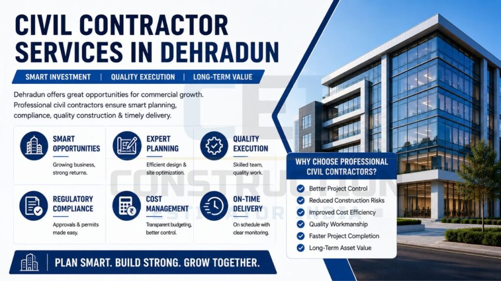 Professional civil contractor services in Dehradun covering planning, construction management, regulatory compliance, cost control, quality execution, and project delivery.