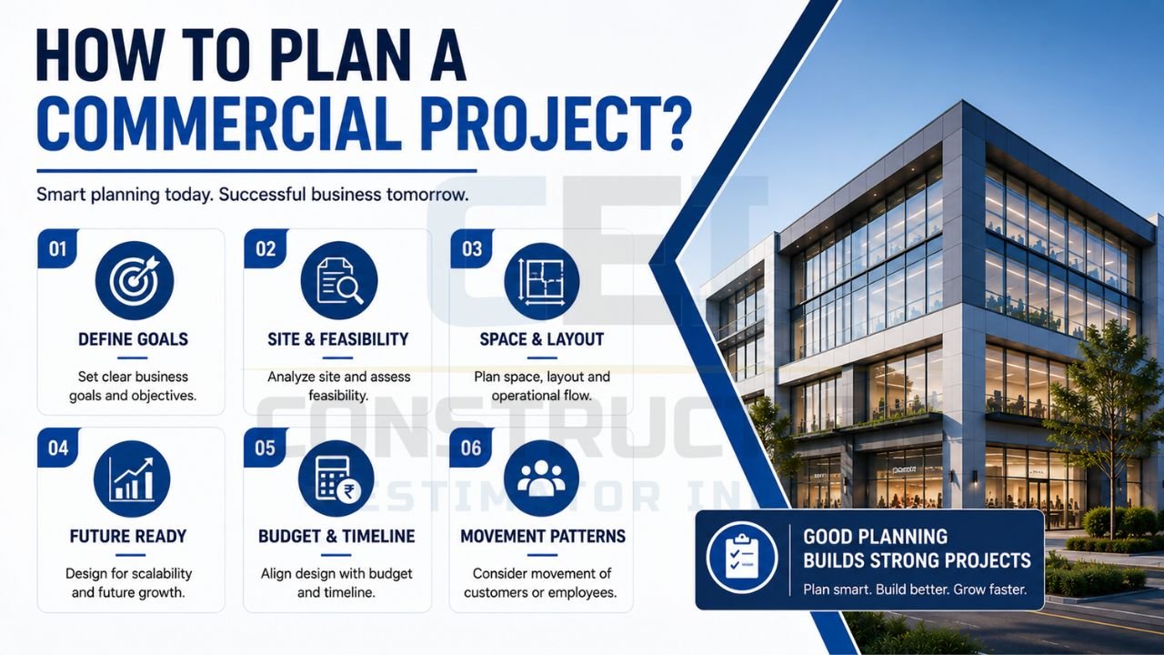 Step-by-step guide for planning a commercial project including goal setting, site feasibility analysis, space planning, budgeting, future expansion, and operational flow.