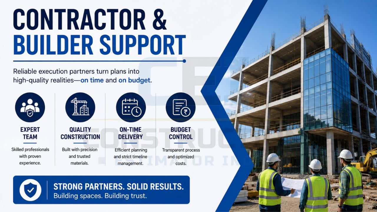 Commercial construction contractor and builder support services focusing on quality construction, expert teams, budget control, project management, and timely delivery.