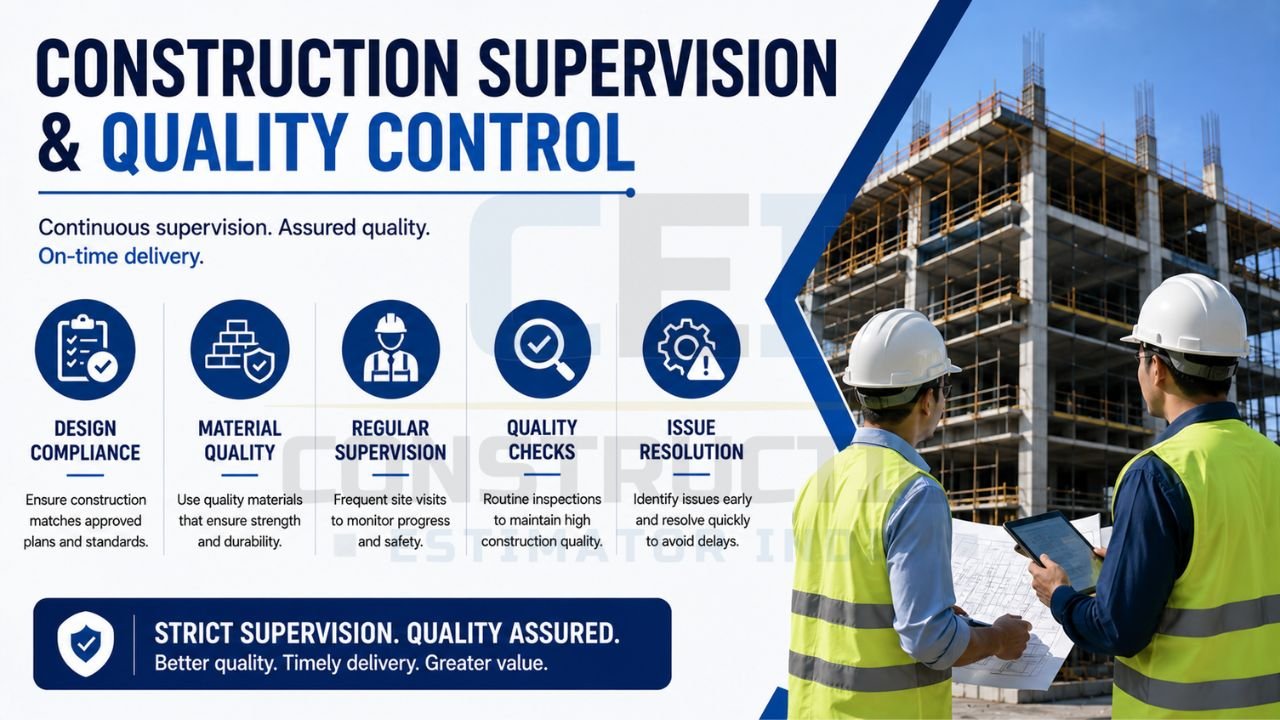 Construction supervision and quality control process showing site inspections, material verification, quality checks, issue resolution, and project monitoring for successful commercial construction.