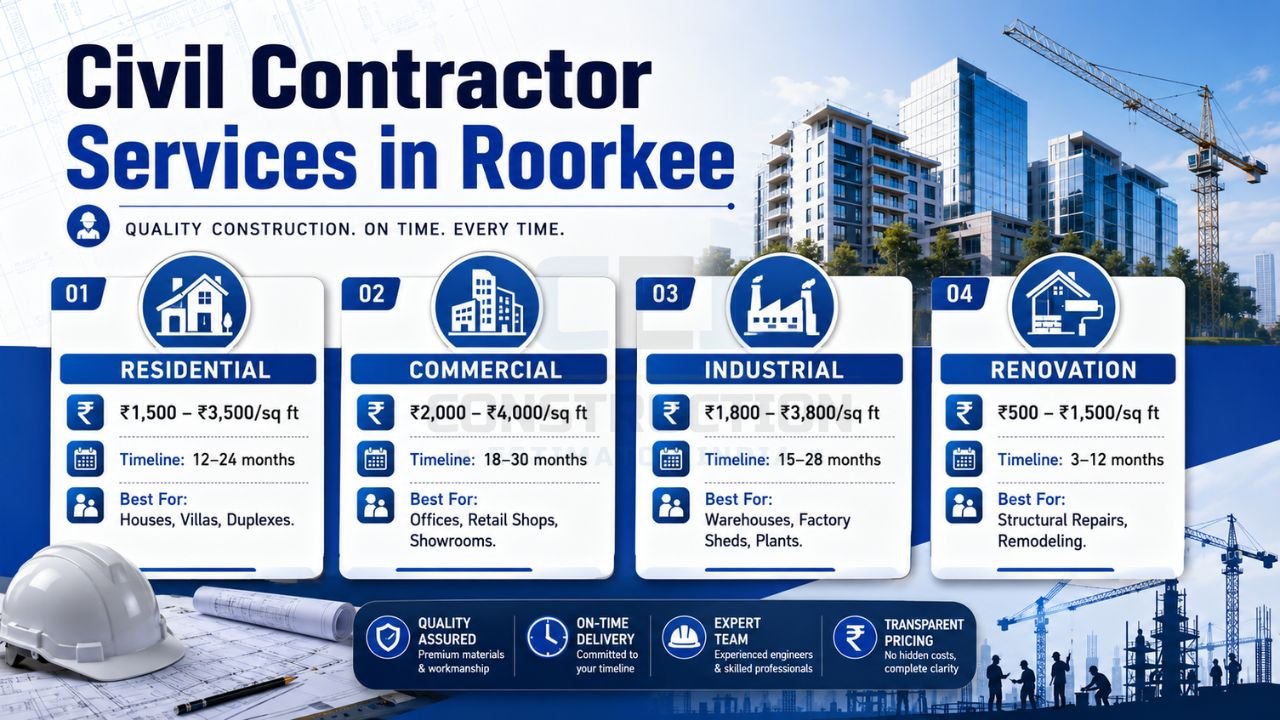 Civil contractor services in Roorkee showing residential, commercial, industrial construction and renovation projects with construction cost estimates and timelines