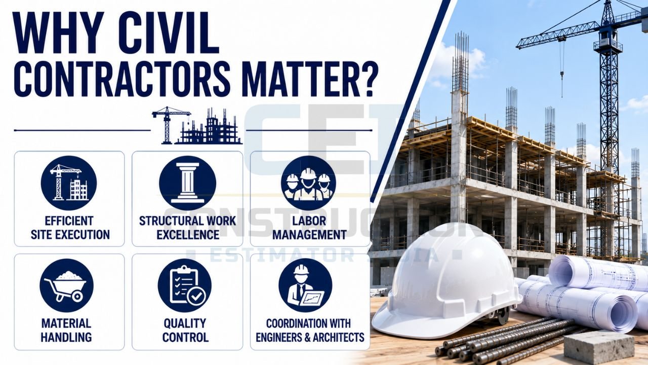 Infographic showing the importance of civil contractors in construction through site execution, structural work, labor management, material handling, quality control, and project coordination.