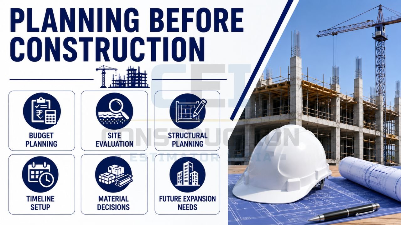 Construction planning infographic covering budget planning, site evaluation, structural planning, project timelines, material selection, and future expansion considerations.