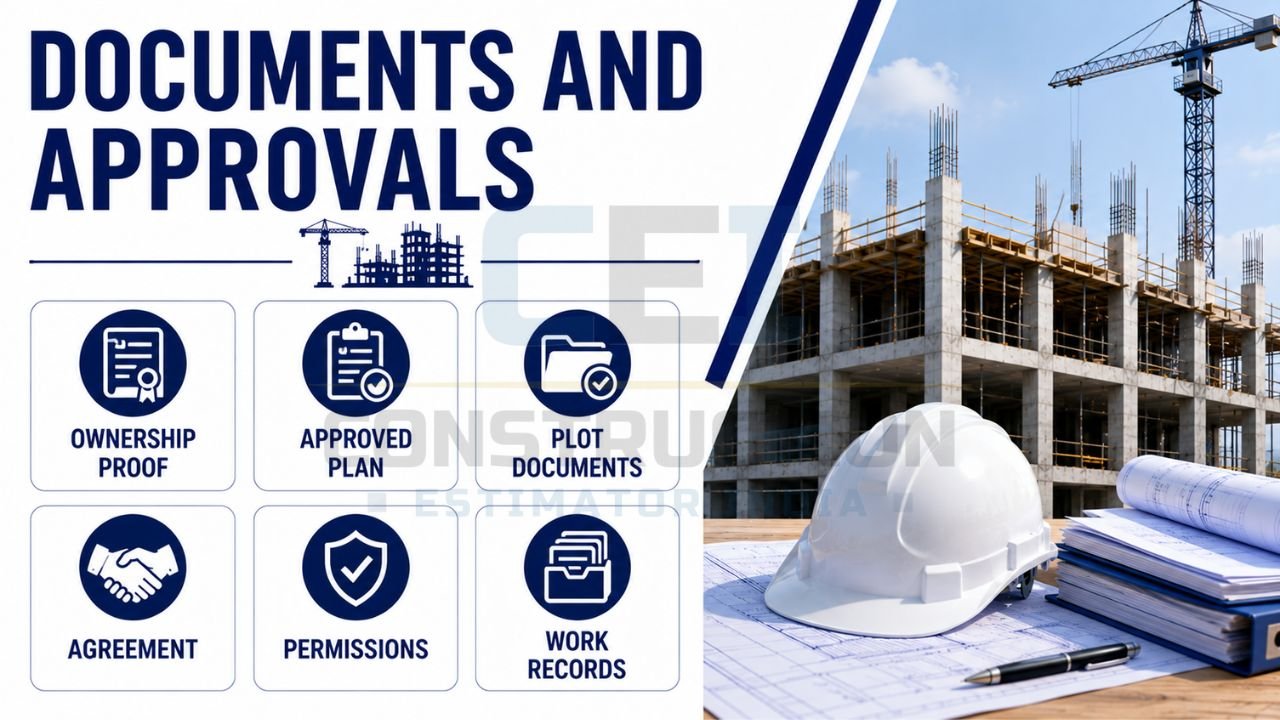 Construction documents and approvals infographic showing ownership proof, approved building plans, plot documents, agreements, permits, and project records required before construction.