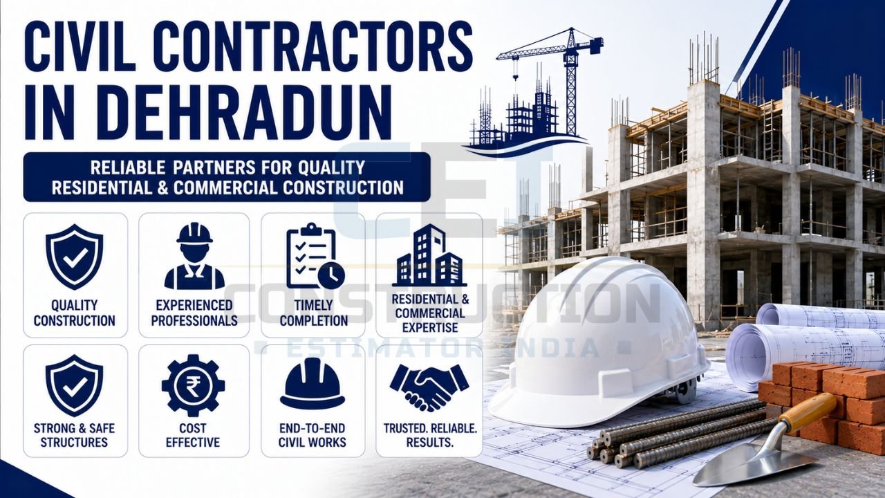 Infographic promoting civil contractor services in Dehradun for residential and commercial construction, highlighting quality construction, experienced professionals, timely completion, and cost-effective solutions.