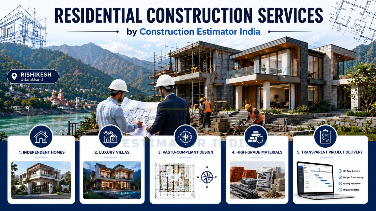 Residential construction services in Rishikesh for independent homes, luxury villas, vastu-compliant designs, premium materials, and transparent project delivery.