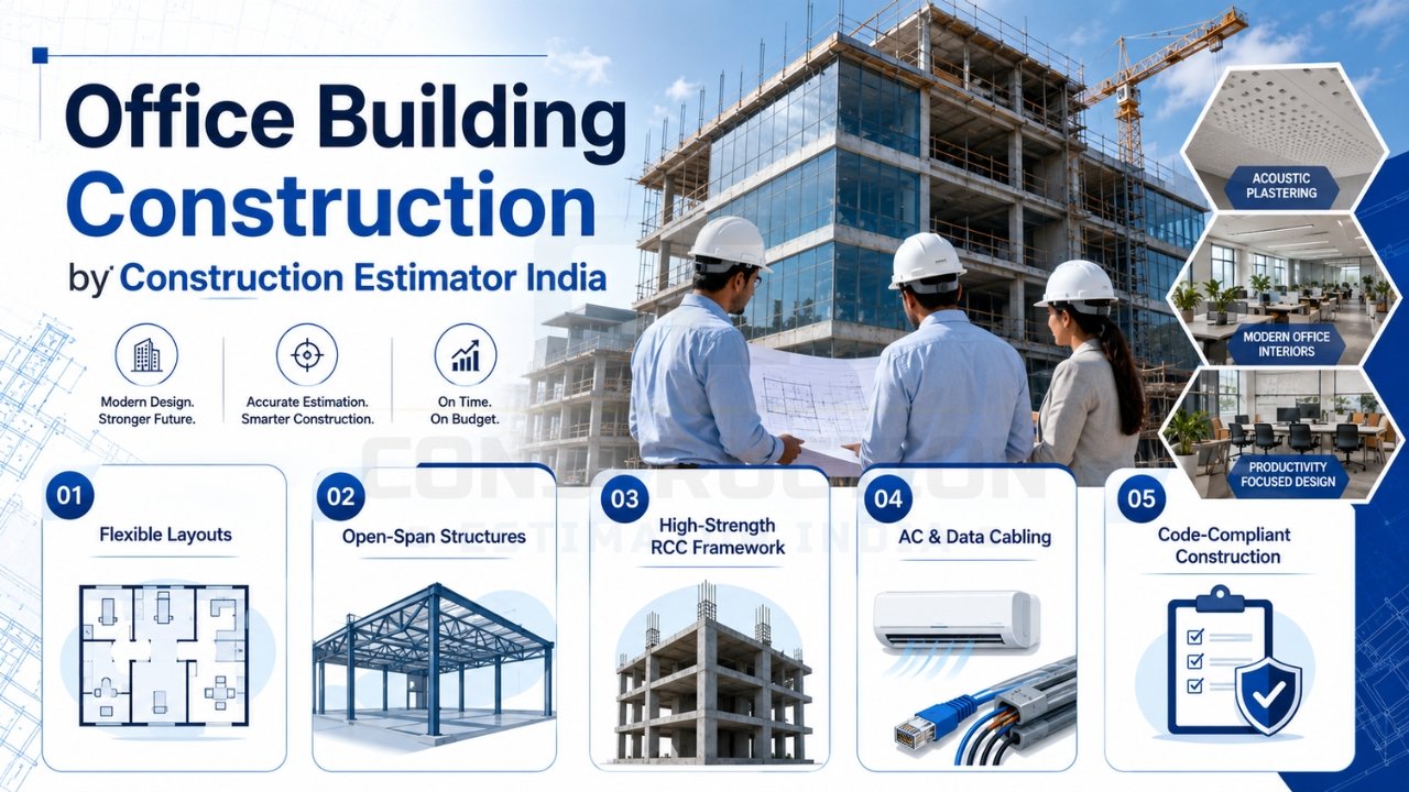 Office building construction services with RCC framework, open-span structures, AC and data cabling, modern office interiors, and code-compliant commercial development.
