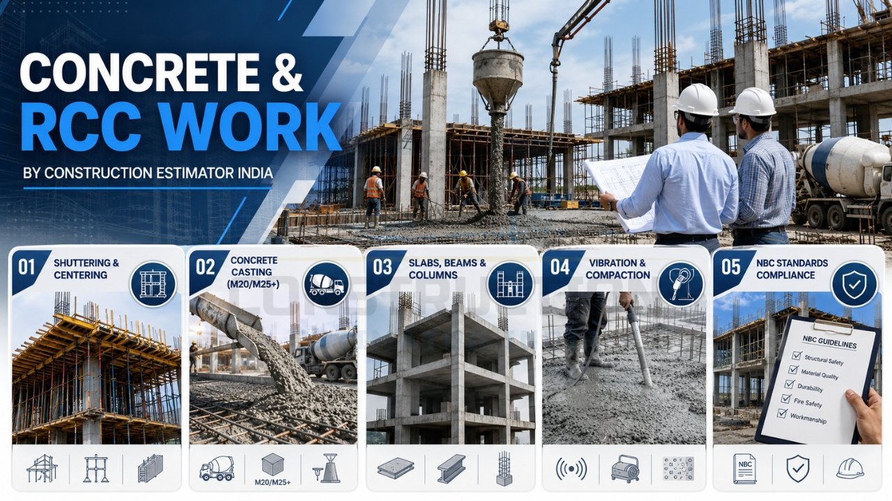 Concrete and RCC construction services including shuttering, concrete casting, slabs, beams, columns, compaction, and NBC-compliant structural work.