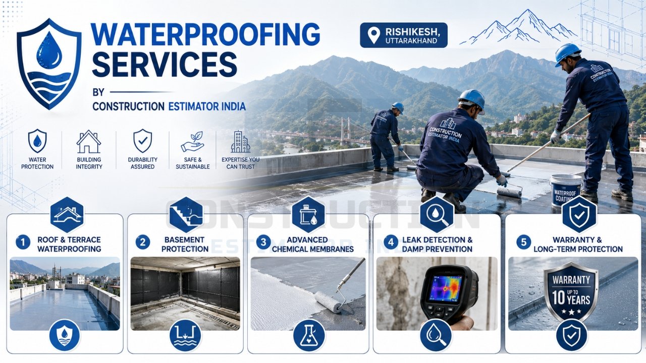 Waterproofing services in Rishikesh for roofs, terraces, basements, leak detection, damp prevention, and long-term building protection.