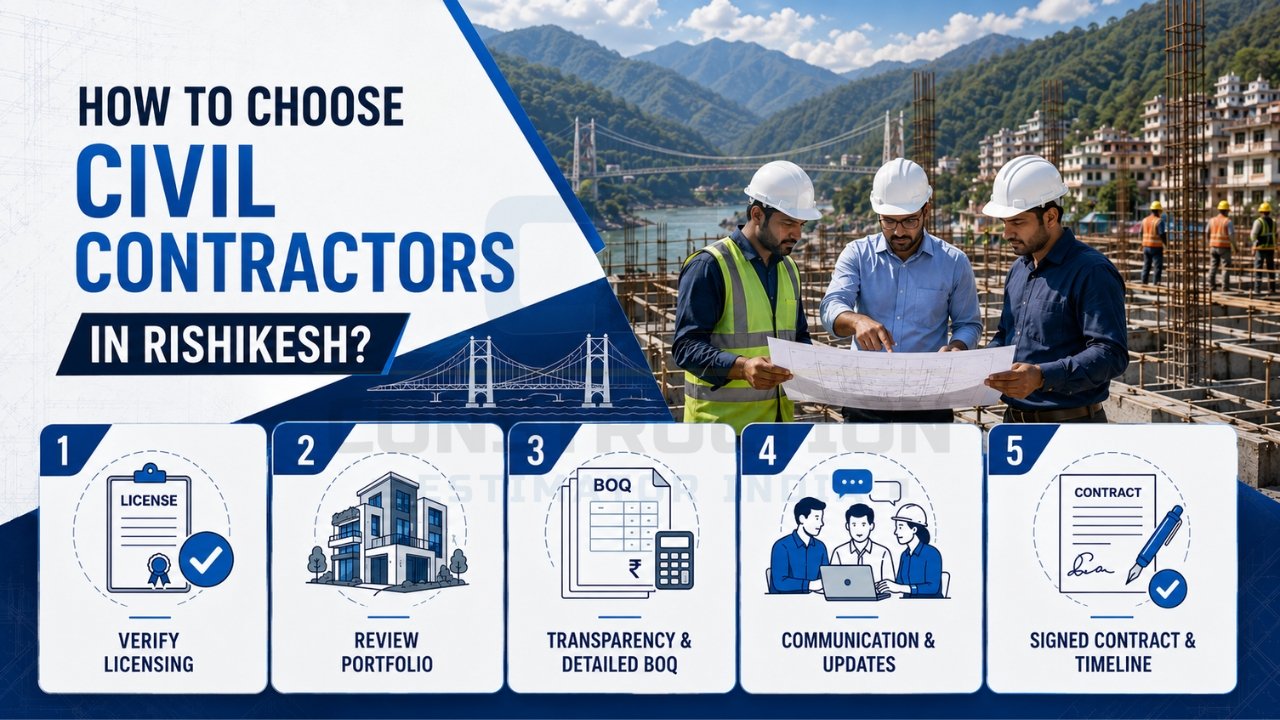 Guide on choosing civil contractors in Rishikesh, featuring licensing verification, portfolio review, detailed BOQ transparency, communication practices, and contract-based project management.