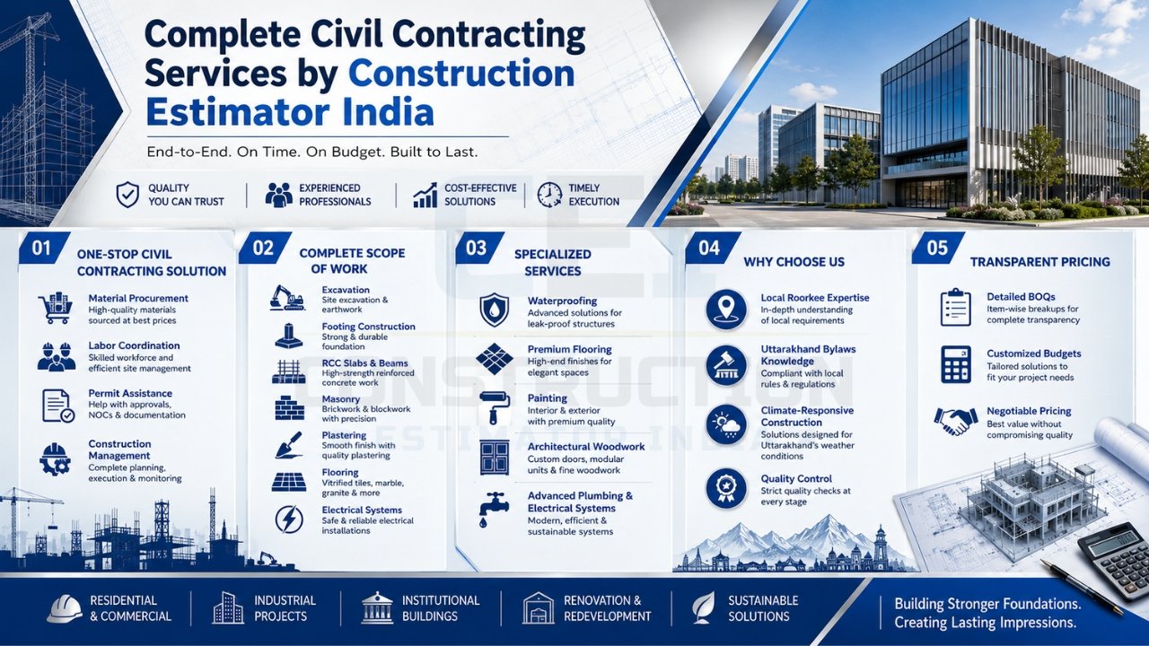 Civil contracting services infographic highlighting end-to-end construction, specialized services, local expertise, and transparent pricing.