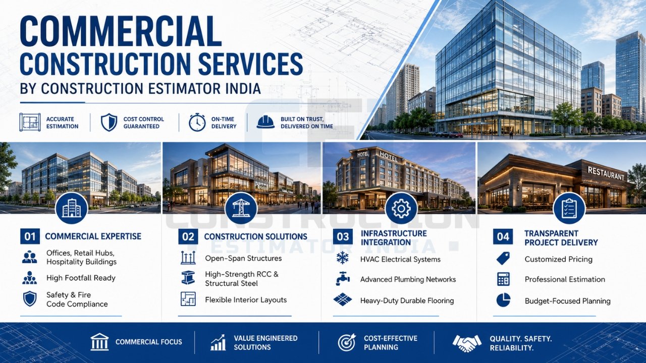 Commercial construction services infographic highlighting commercial expertise, construction solutions, infrastructure integration, and transparent project delivery.