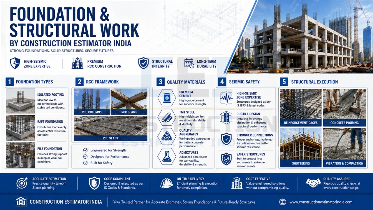 Foundation and structural work infographic highlighting foundation types, RCC framework, quality materials, seismic safety, and structural execution.