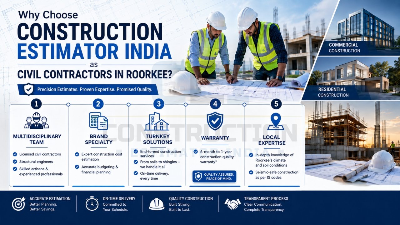 Why choose Construction Estimator India infographic highlighting multidisciplinary expertise, cost estimation, turnkey construction, warranty, and local Roorkee knowledge.