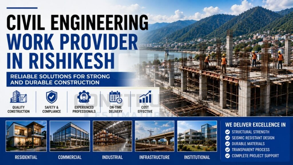 Civil engineering construction project in Rishikesh featuring structural framework development, residential, commercial, industrial, and infrastructure construction services.