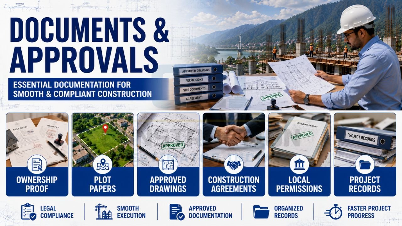 Construction documentation including ownership proof, plot papers, approved drawings, agreements, permits, and project records required for compliant project execution.