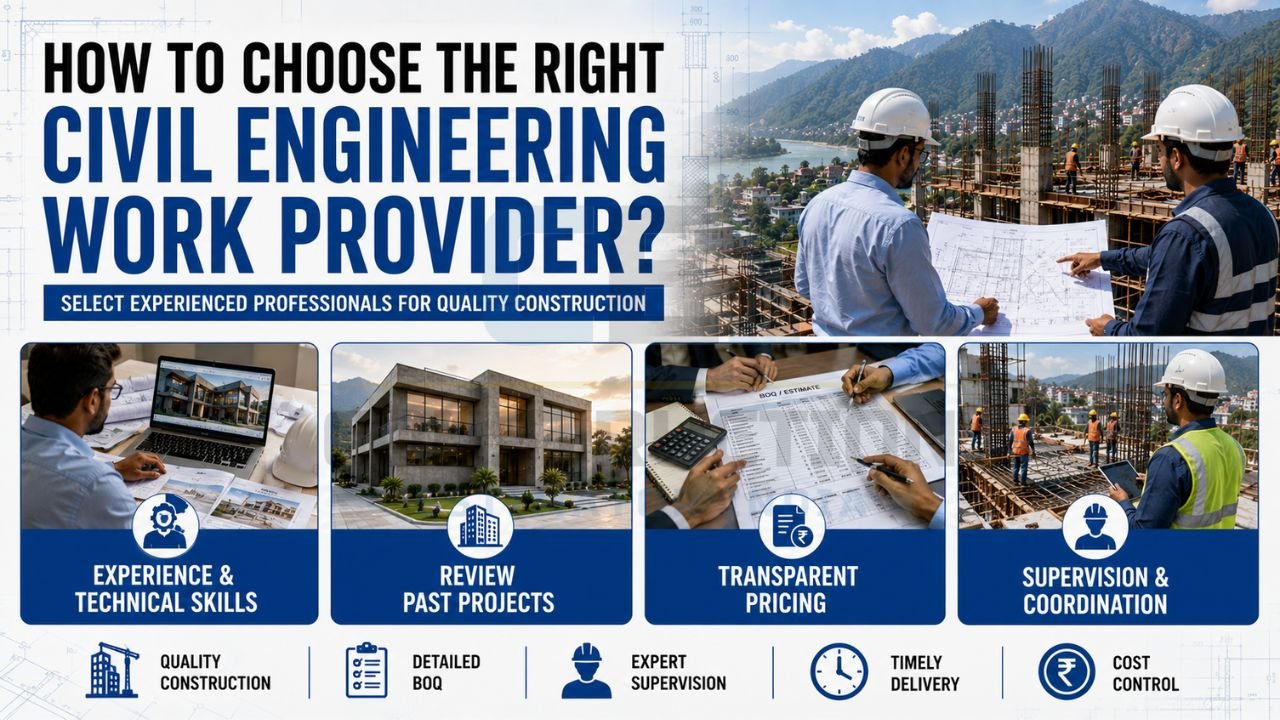 Guide showing factors for selecting a civil engineering contractor, including technical expertise, project experience, transparent pricing, supervision, and project coordination.