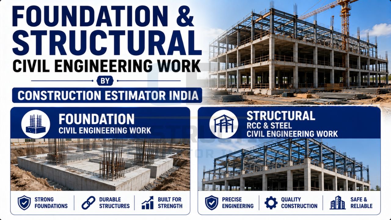 Foundation and structural civil engineering work including RCC construction, steel structures, and reinforced foundations.