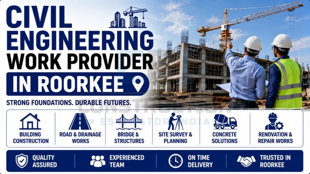 Civil engineering contractor in Roorkee offering building construction, road works, bridge structures, site surveys, and renovation services.