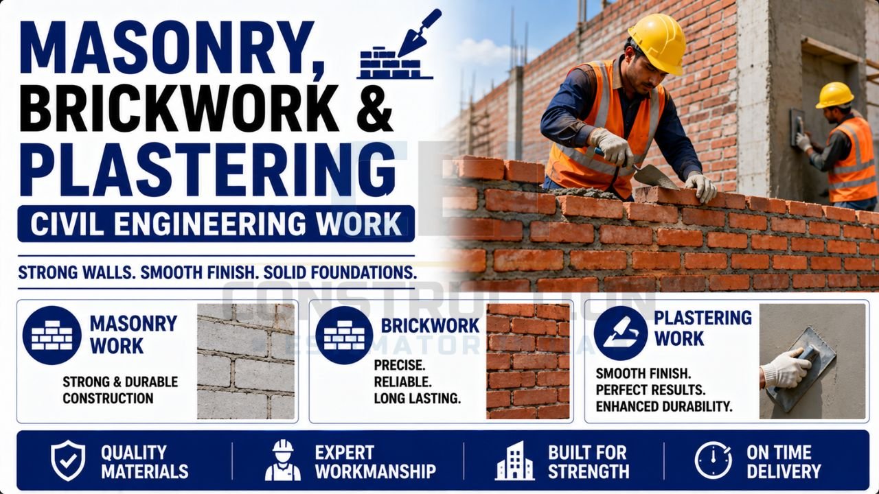 Construction workers performing masonry, brickwork, and plastering work for residential and commercial projects.