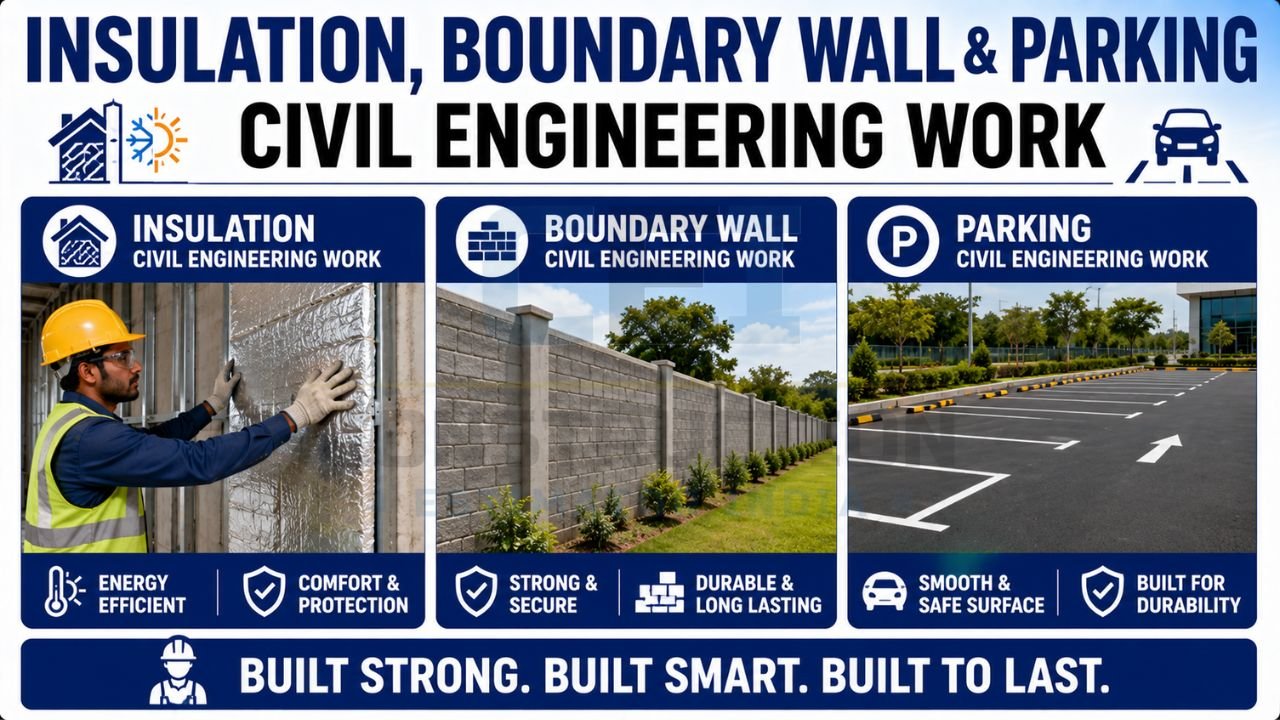 Civil engineering work featuring insulation installation, boundary wall construction, and parking area development.