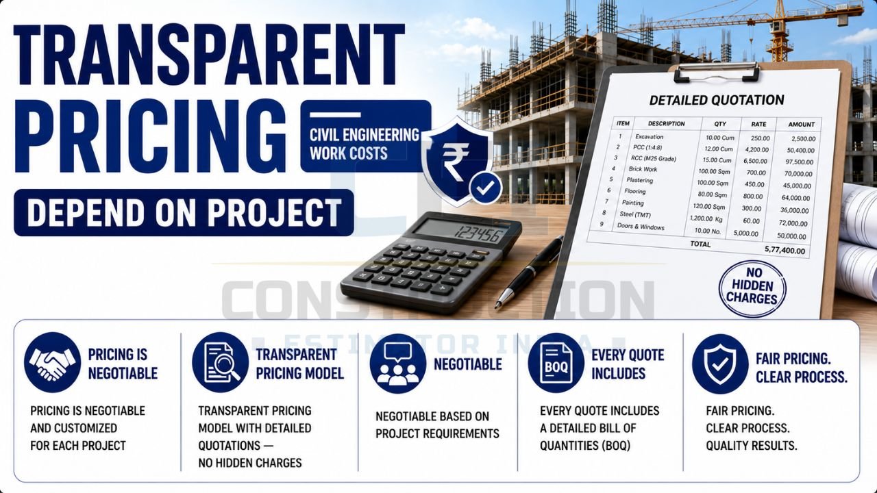 Transparent pricing model for civil engineering work with detailed quotations, BOQ, and project-based cost estimation in Roorkee.