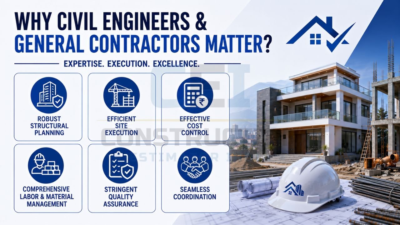 Infographic highlighting the importance of civil engineers and general contractors through structural planning, cost control, site execution, quality assurance, and labor management.