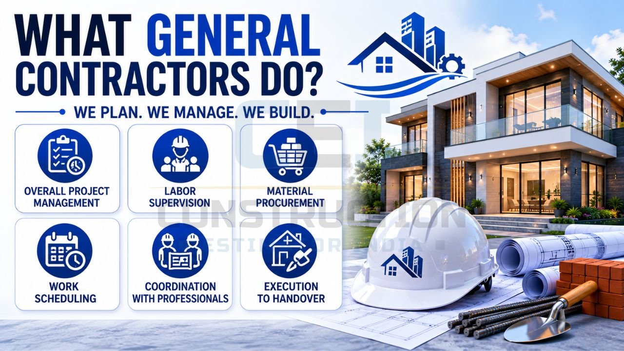 Infographic explaining the responsibilities of general contractors, including project management, labor supervision, material procurement, scheduling, coordination, and construction execution.