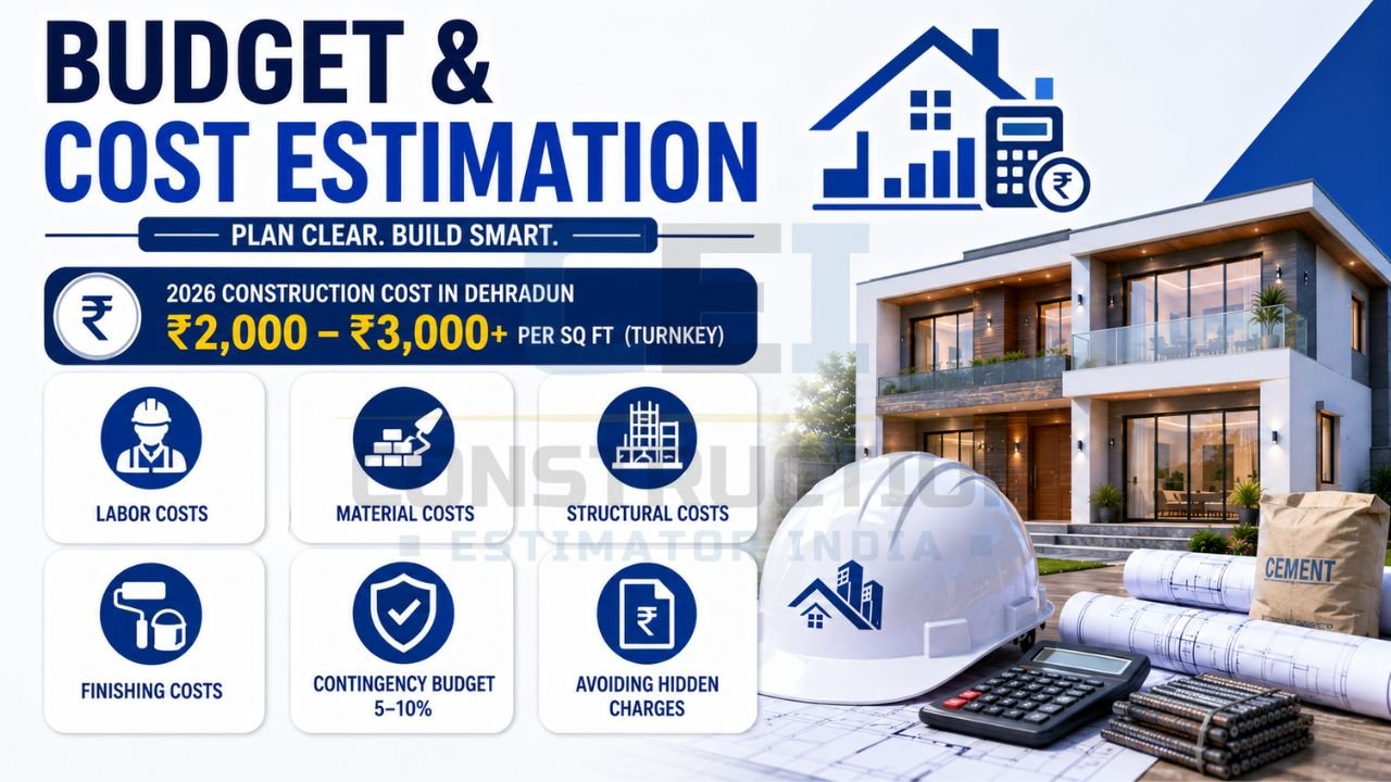 Infographic explaining house construction cost estimation in Dehradun, including labor costs, material expenses, structural work, finishing costs, contingency budgets, and hidden charges.