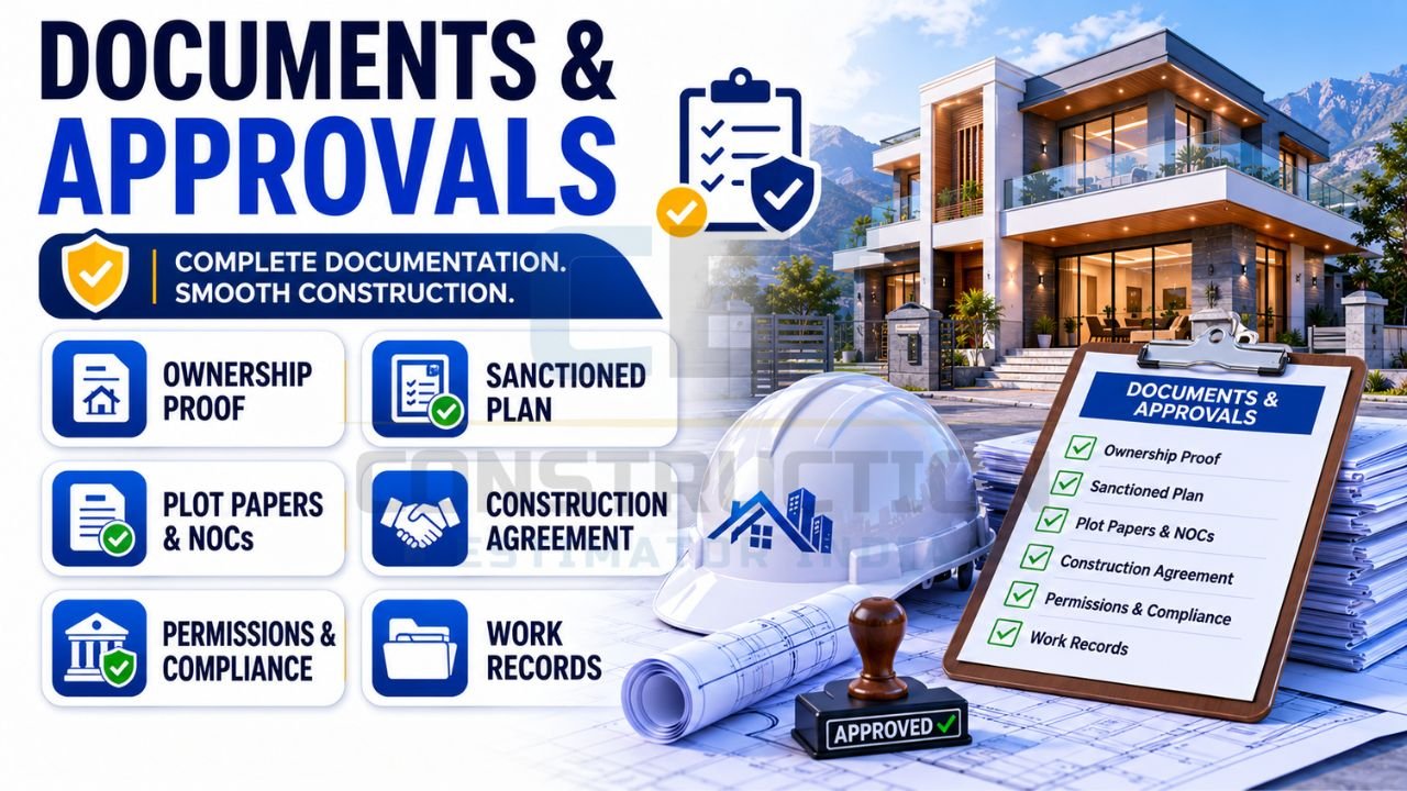 Infographic showing essential construction documents and approvals including ownership proof, sanctioned plans, plot papers, NOCs, construction agreements, permissions, and project records.
