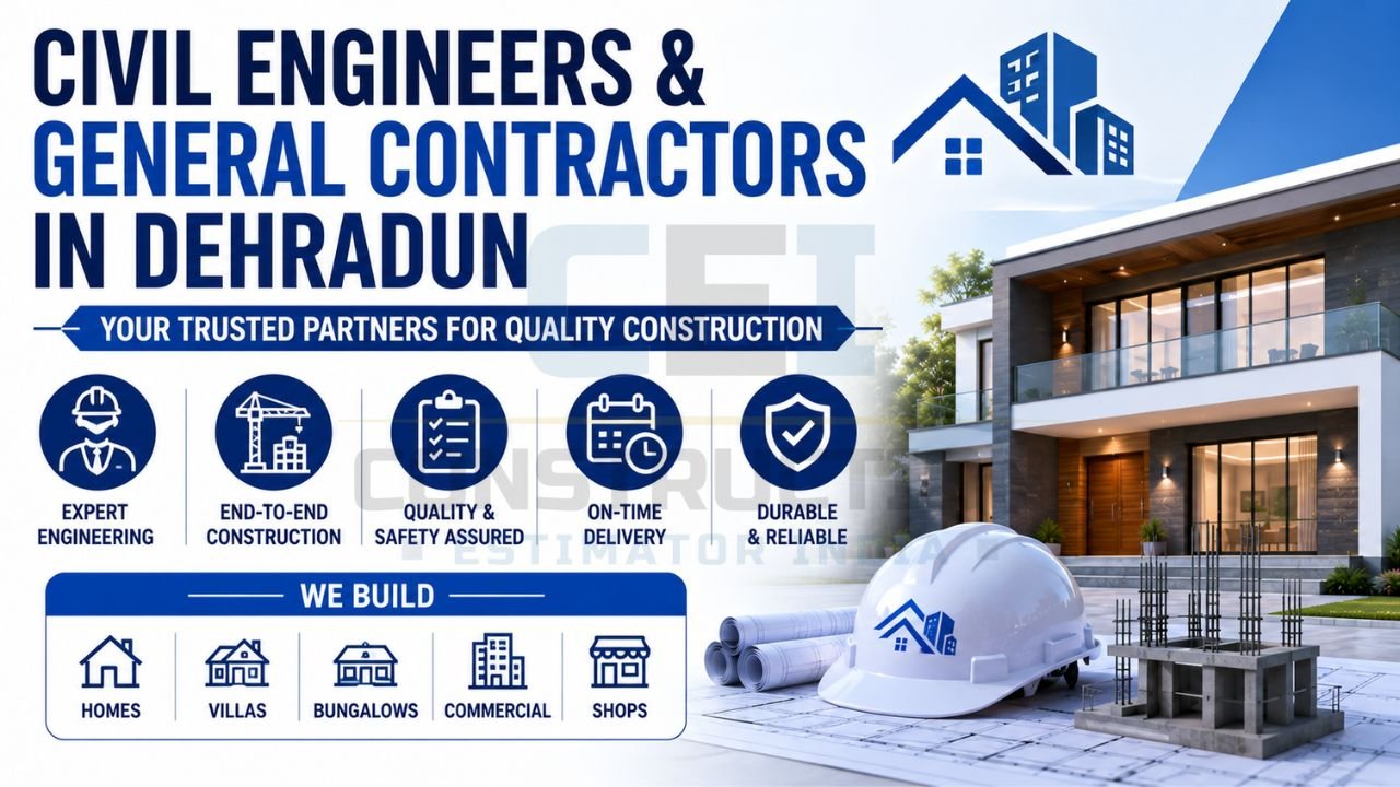 Infographic promoting civil engineering and general contracting services in Dehradun for residential and commercial construction projects.