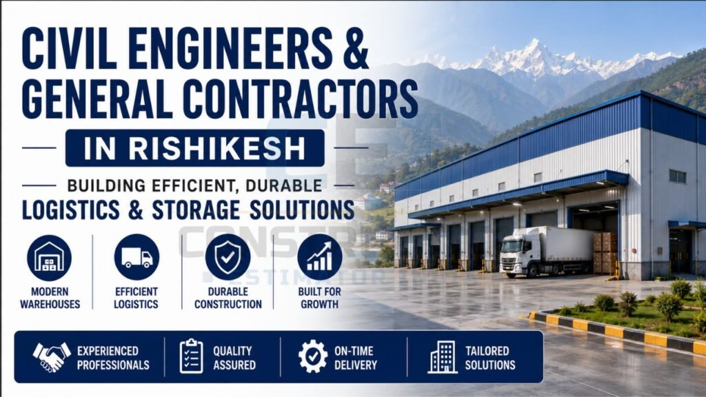 Civil engineers and general contractors infographic highlighting warehouse construction, logistics infrastructure, durable industrial facilities, quality assurance, and project delivery expertise.