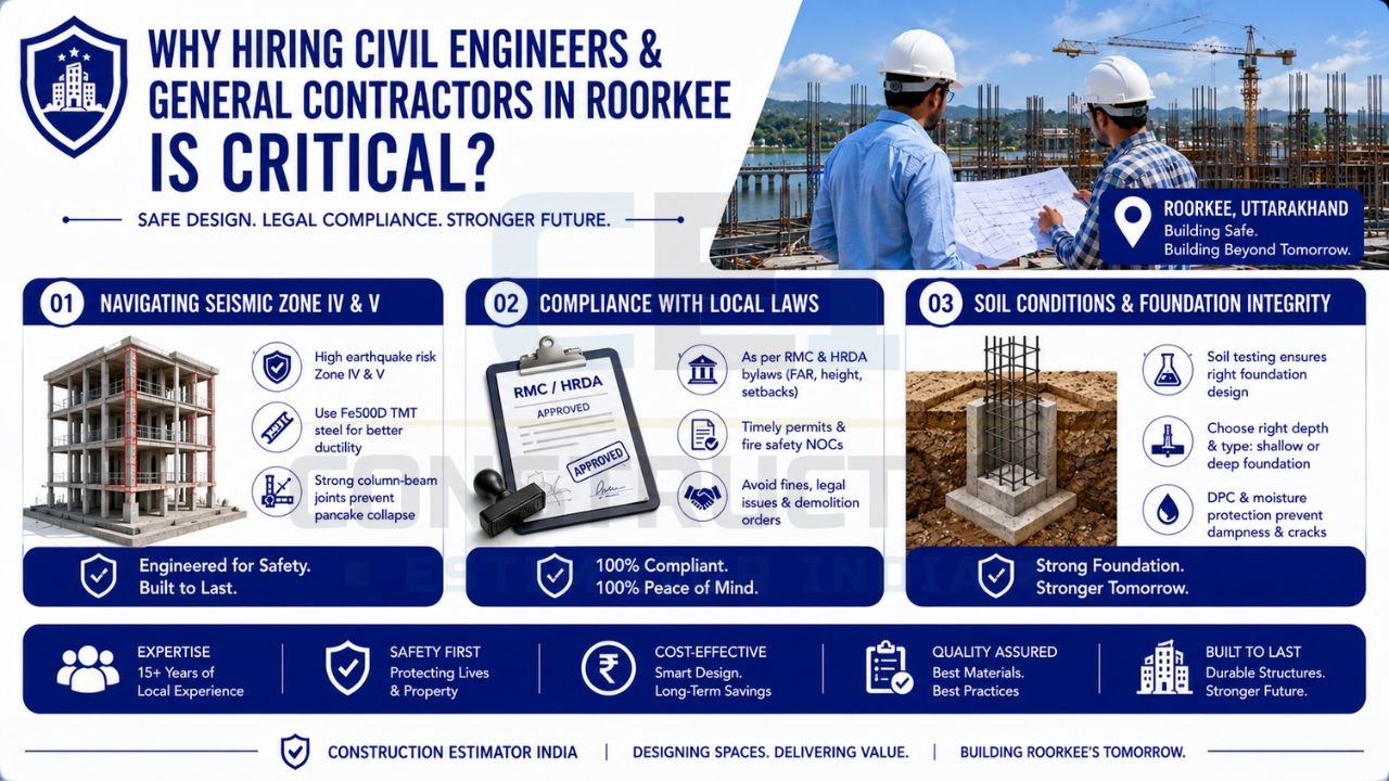 Infographic explaining the importance of hiring civil engineers and general contractors for compliance, foundation design, and seismic safety in Roorkee.