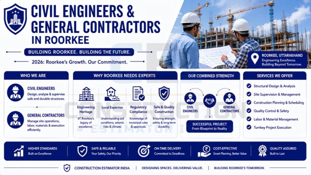 Infographic presenting civil engineering and general contracting services in Roorkee including project management, structural design, and turnkey construction.