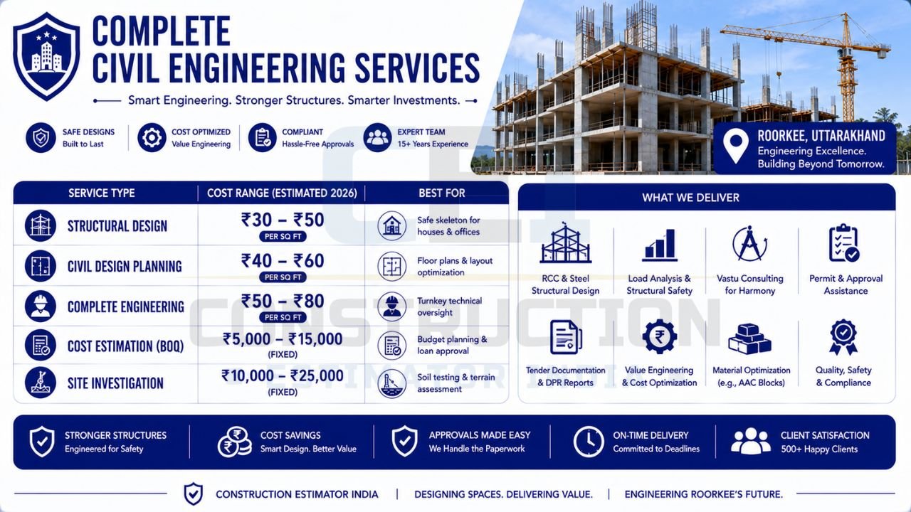 Civil engineering services infographic showing structural design, site investigation, cost estimation, construction planning, and engineering consultancy services.