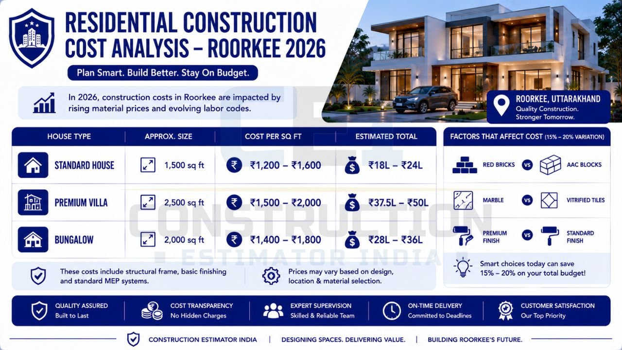 Residential construction cost analysis infographic showing construction costs for standard houses, villas, and bungalows in Roorkee.