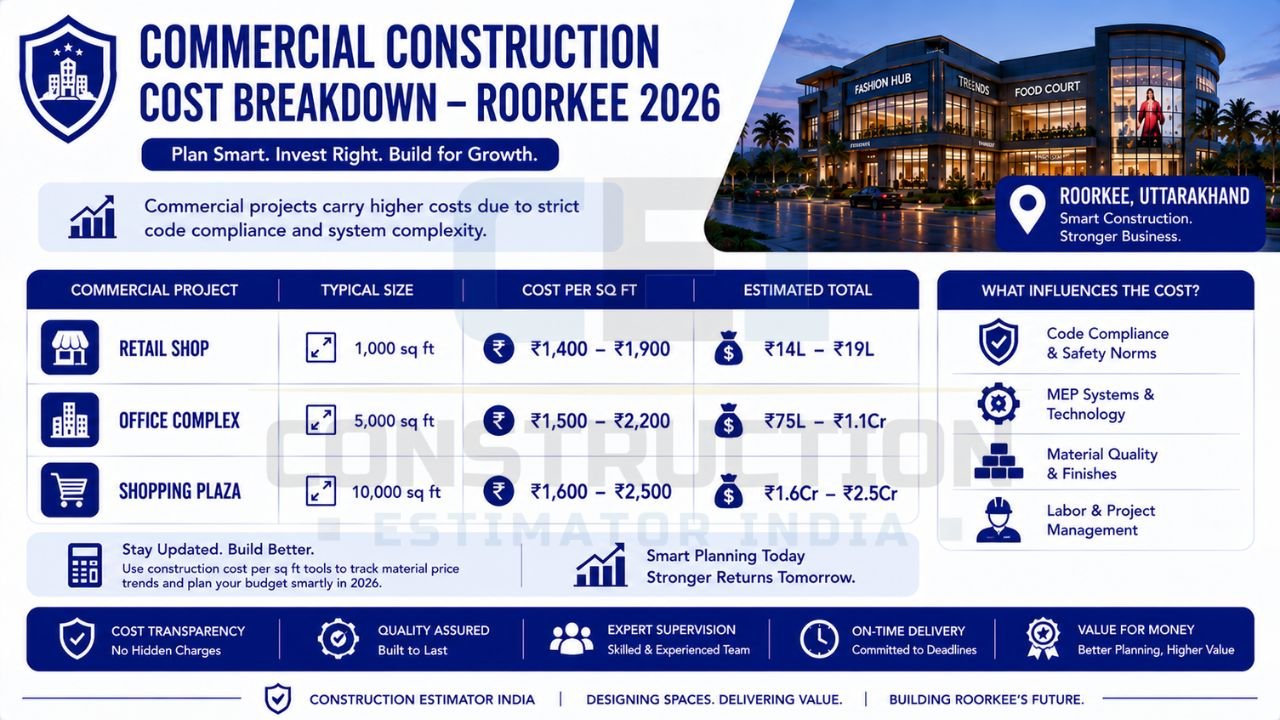 Commercial construction cost breakdown infographic showing retail shop, office complex, and shopping plaza construction costs per square foot in Roorkee.