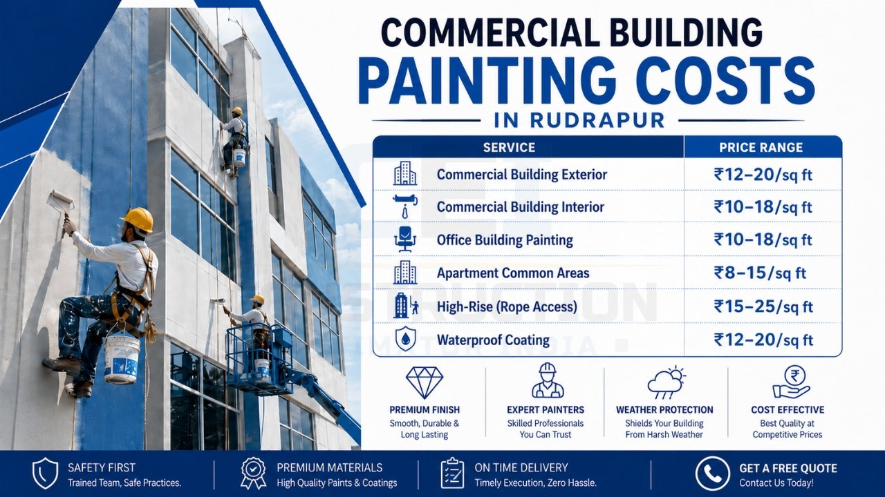 Commercial building painting cost guide in Rudrapur showing exterior, interior, office, apartment, high-rise, and waterproof coating rates per square foot