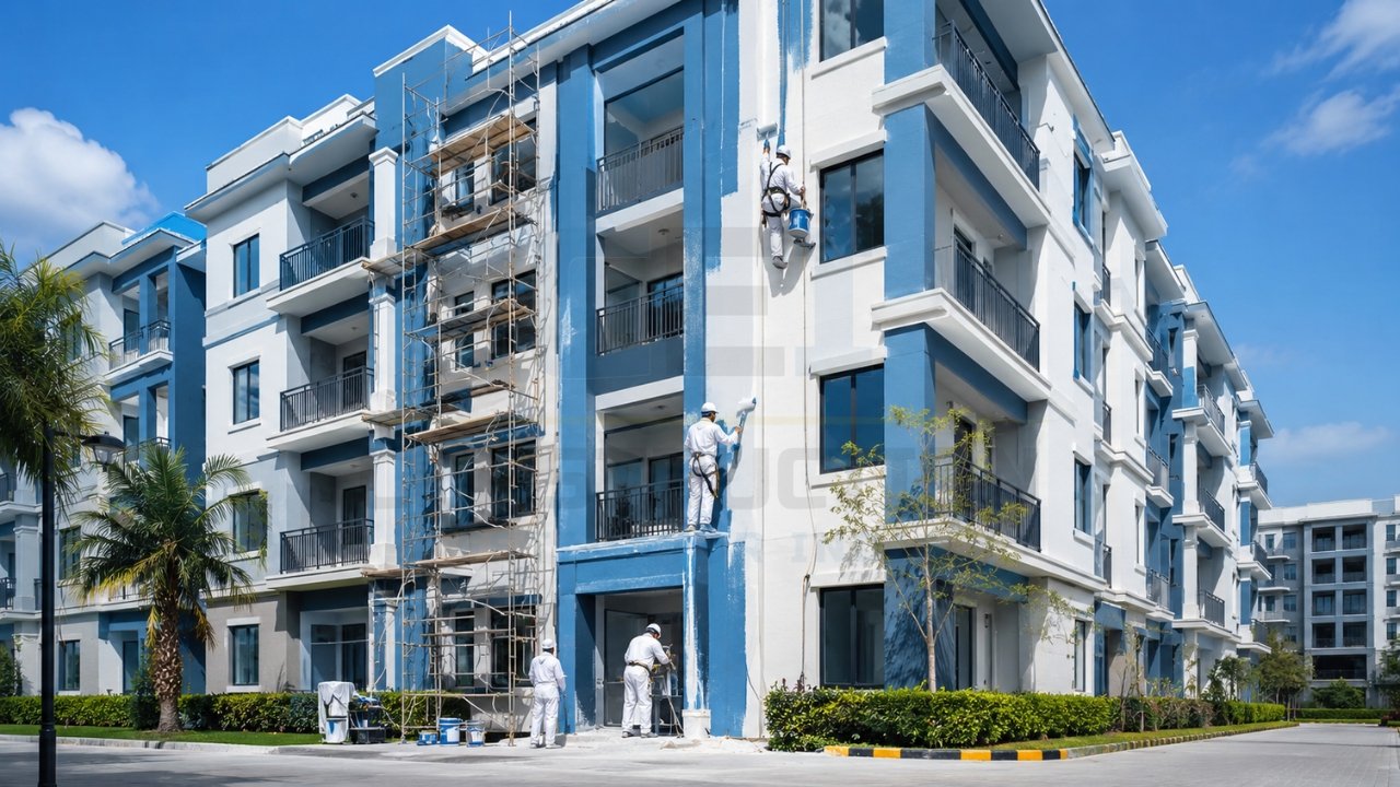 Apartment building exterior painting in progress with workers on scaffolding and rope access applying blue and white paint to a multi-story residential complex