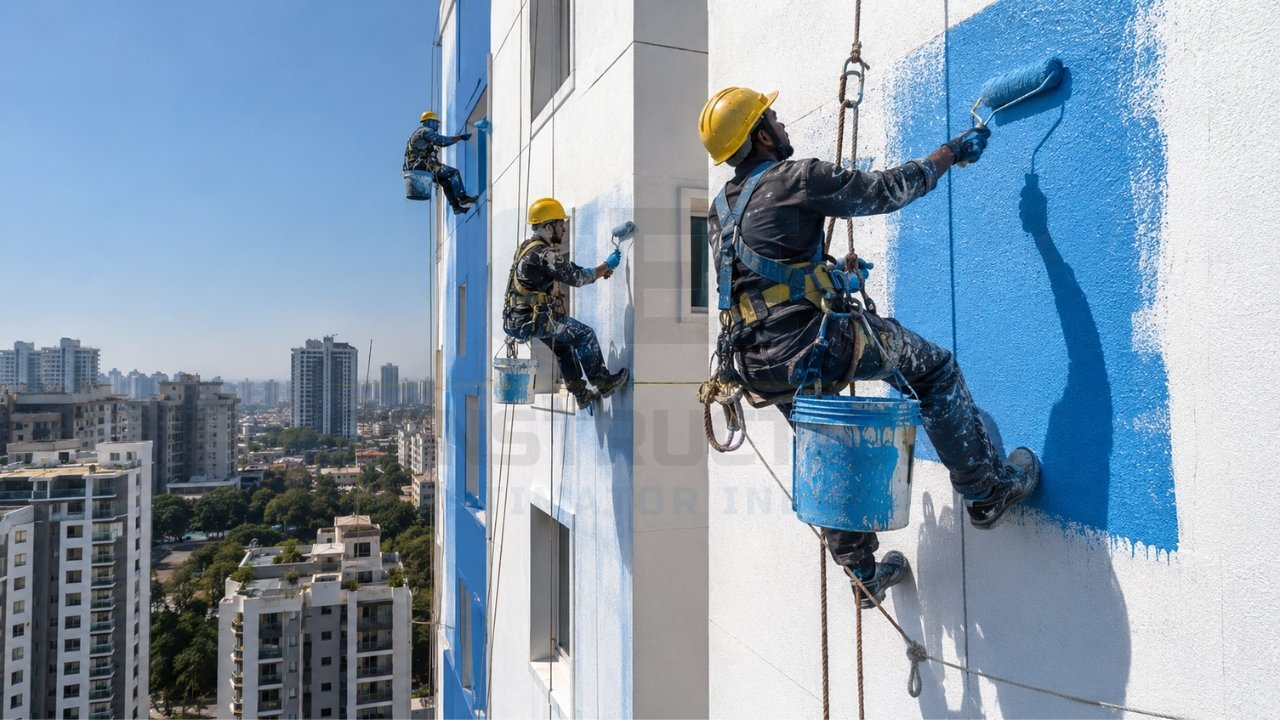 High-rise building exterior painting in progress with rope-access painters applying blue paint to a multi-story residential tower