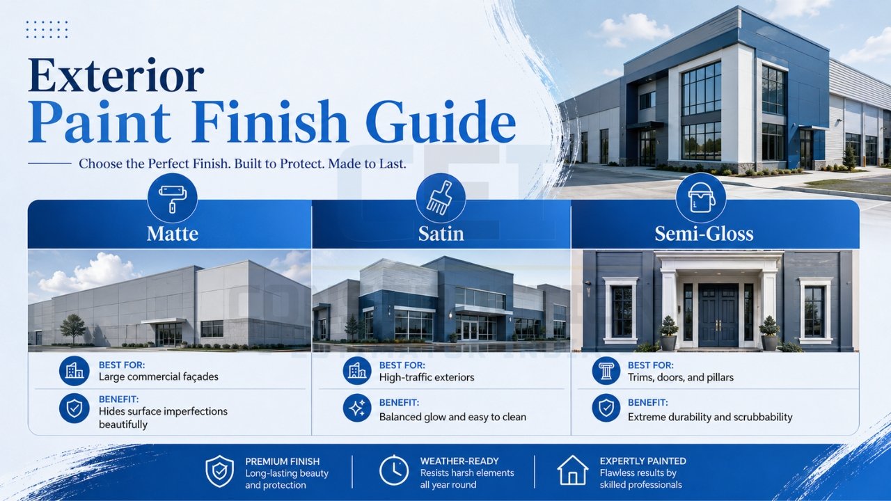 Exterior paint finish guide infographic comparing matte, satin, and semi-gloss finishes for commercial and residential exteriors