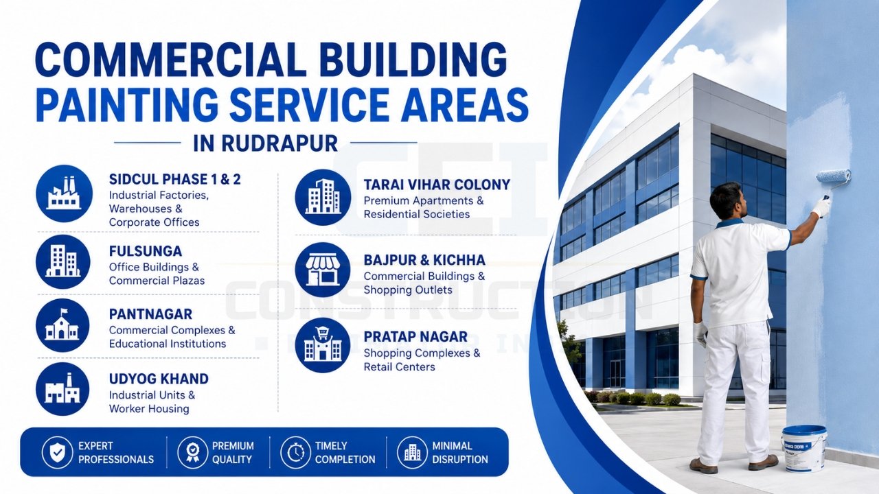 Commercial building painting service areas in Rudrapur infographic showing coverage locations for office buildings, commercial plazas, industrial units, apartments, and retail centers