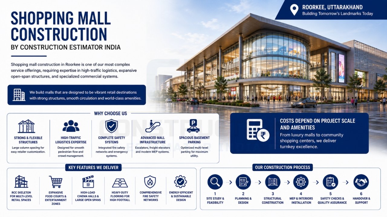 Shopping mall construction services with modern retail infrastructure, high-traffic design, safety systems, and turnkey commercial development.