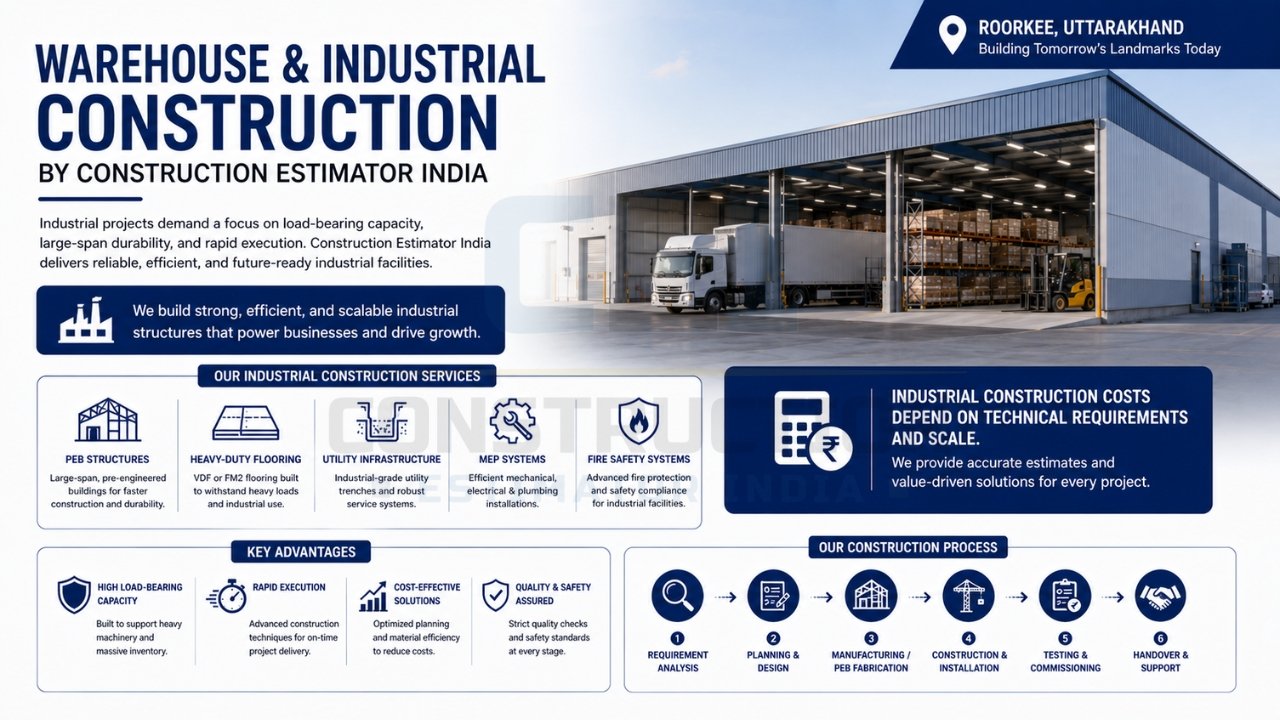 Warehouse and industrial construction services with PEB structures, heavy-duty flooring, utility infrastructure, and scalable industrial facilities.
